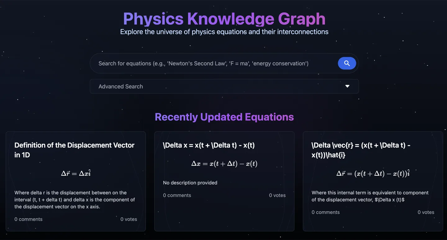 Physics knowledge graph interface listing interconnected equations