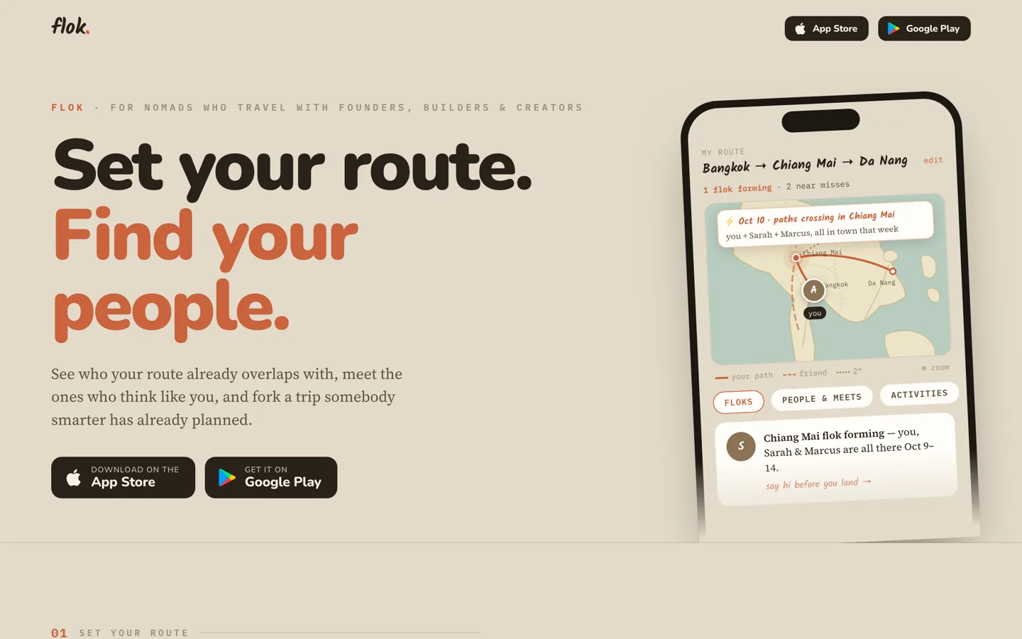 Flok website showing a travel route map matching nearby founders
