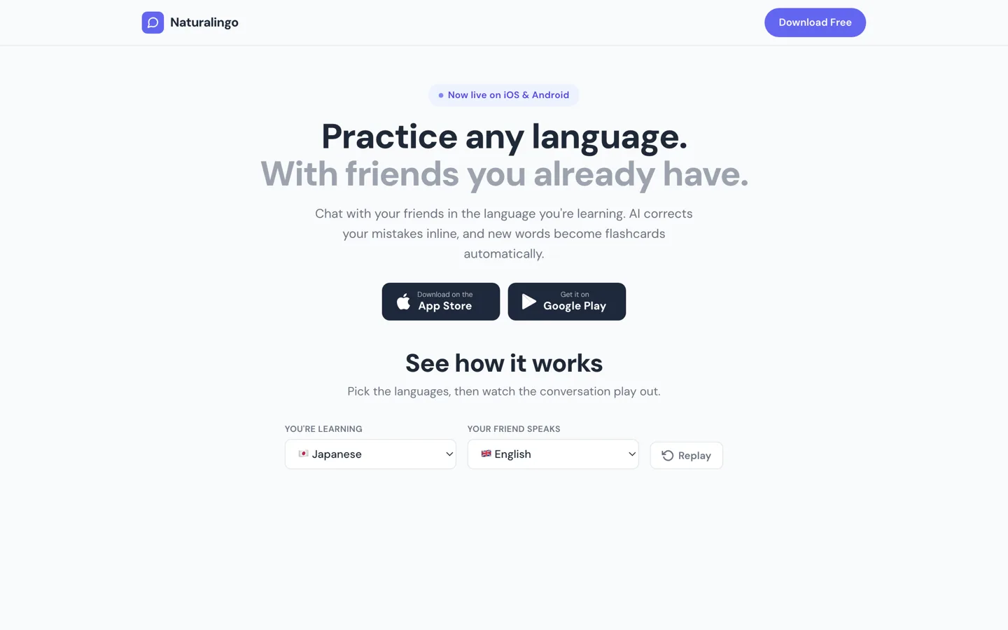 Naturalingo website showing its language-practice chat demo