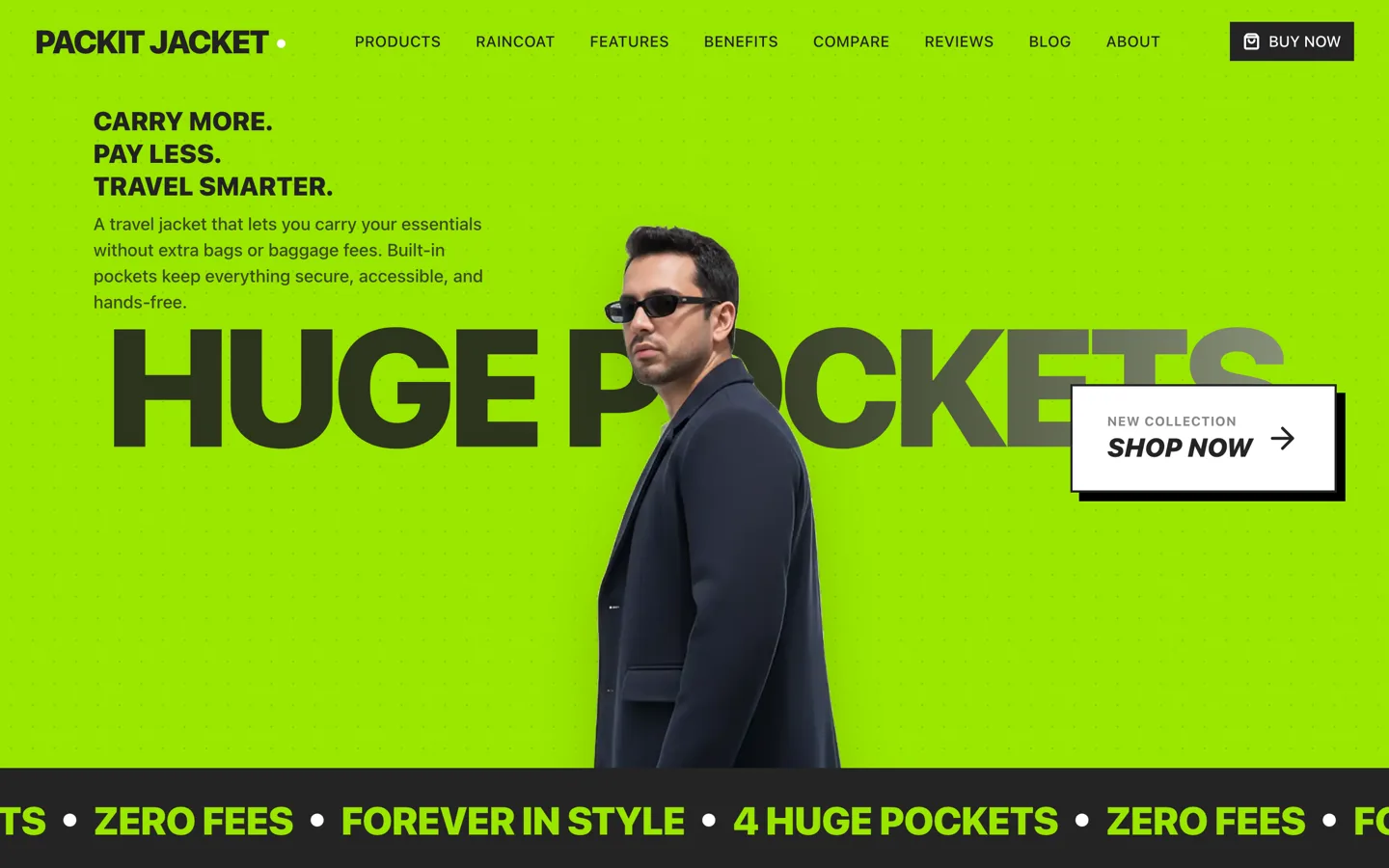 Packit Jacket storefront with the headline "Carry more. Pay less. Travel smarter."